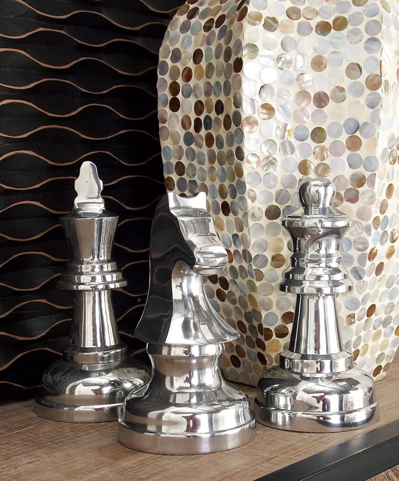 Aluminum Metal Chess Decorative Sculpture with Knight, Queen and King Set