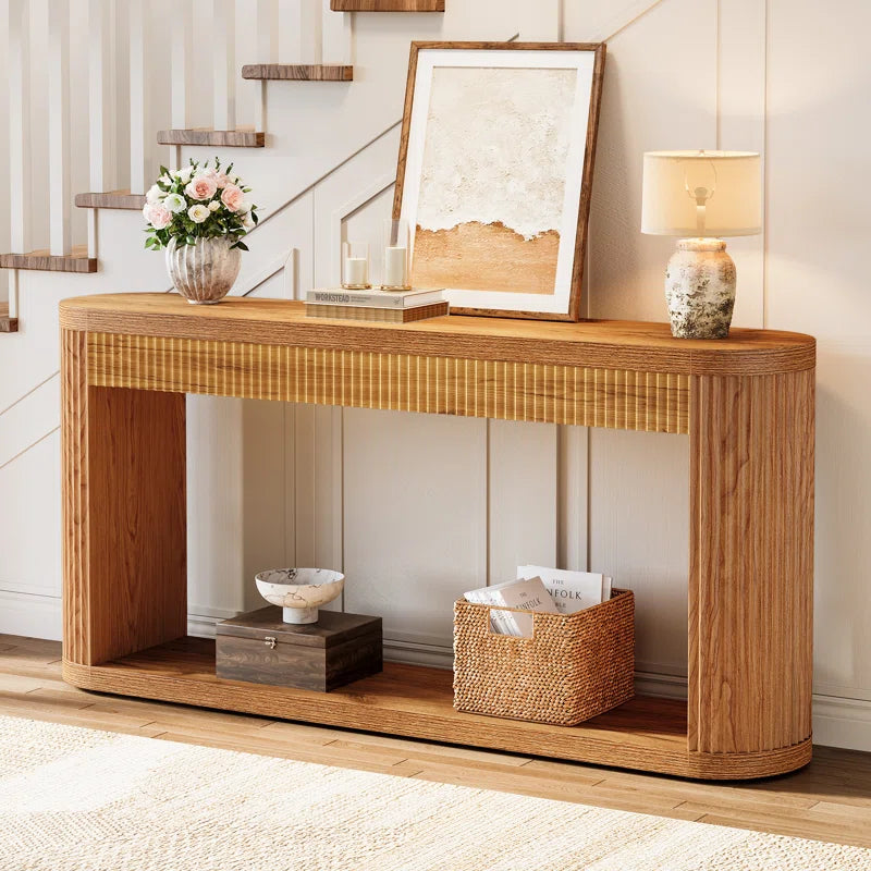 63" Oval Console Table for Entryway, Narrow Wood Entry Desk behind Couch for Entrance, Hallway, Foyer