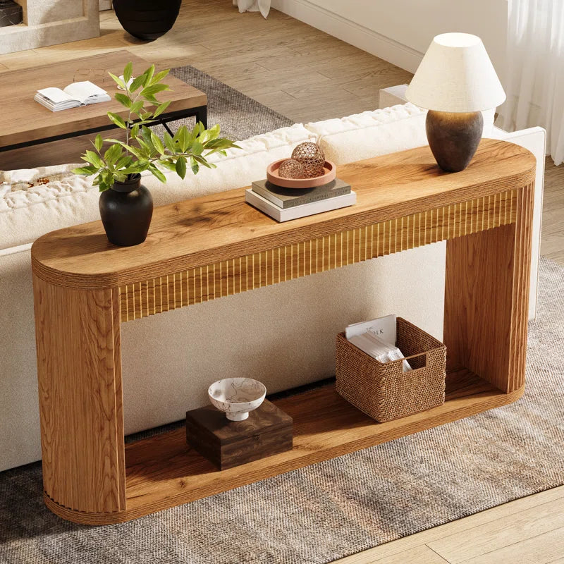 63" Oval Console Table for Entryway, Narrow Wood Entry Desk behind Couch for Entrance, Hallway, Foyer