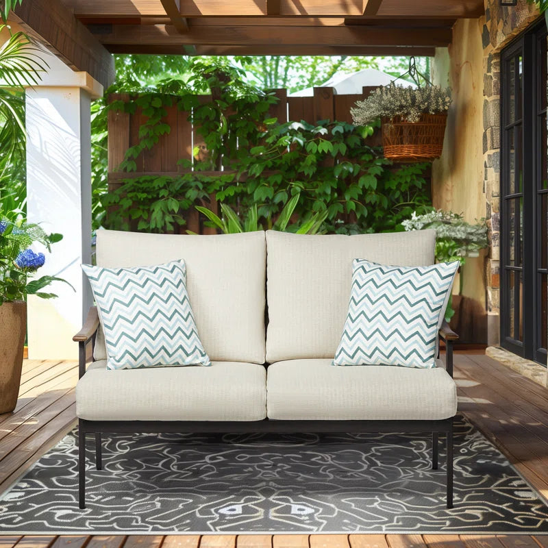Metal Outdoor&Indoor Person Seating Sofa Patio Loveseat with Wicker Backrest & Cushions