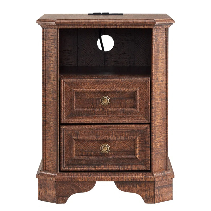 Loiret 2 - Drawers Modern Wood Nightstand with Charging Station,Bed Side Table with Open Storage for Bedroom and Built-In Outlets