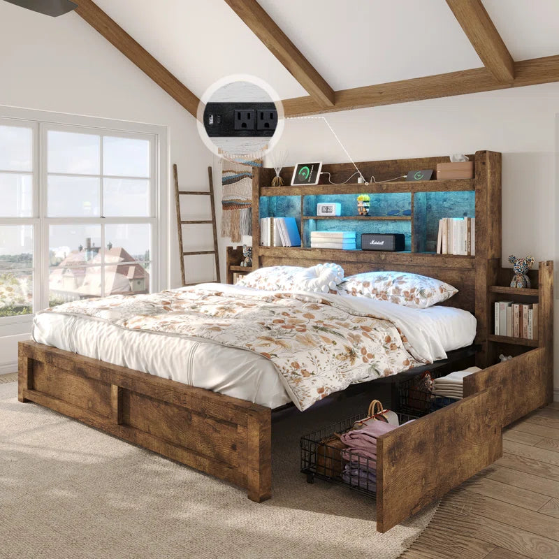 Bed Frame with Bookcase Headboard & 2 Detachable Bedside Stoage Racks & 4 Drawers, Farmhouse Wood Bed Frame with Rgb Led, No Box Spring Needed