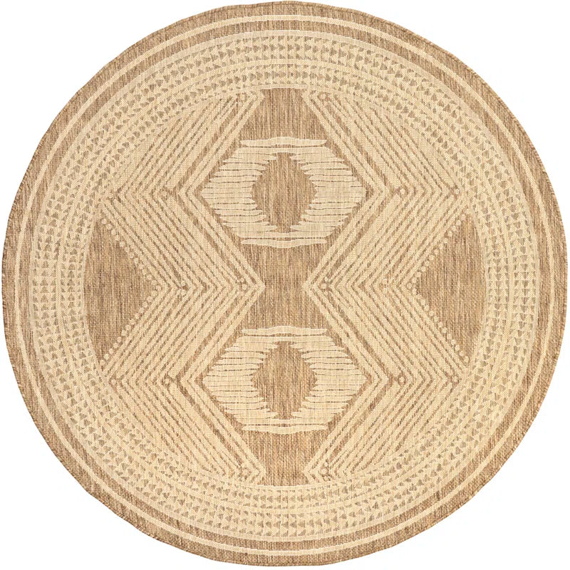 Geometric Indoor/Outdoor Rug for Living Room Patio Deck Front Porch Entryway Hallway Kitchen, Light Brown/Ivory