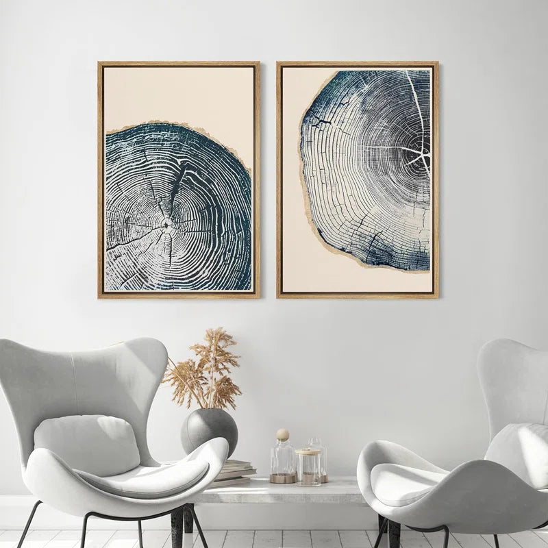 Navy Blue Wood Tree Ring Simple Minimalist Modern Artwork Framed Canvas 2 Pieces Print Wall Art