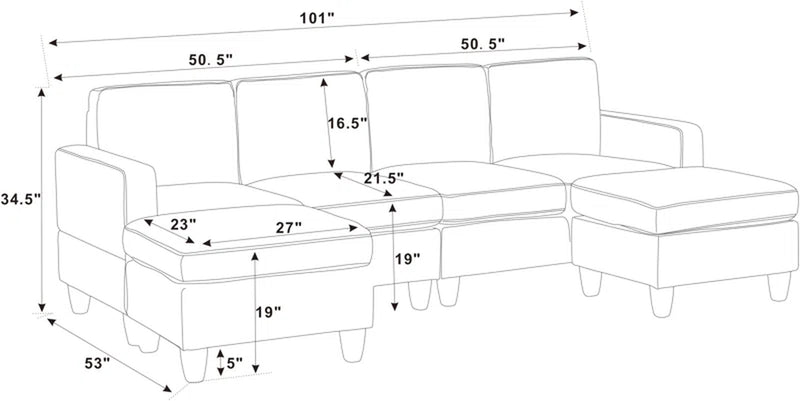 Ranjeeta 101" Wide Modular Sofa & Chaise with Ottoman