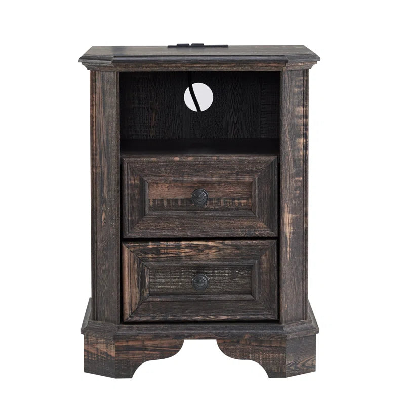 Loiret 2 - Drawers Modern Wood Nightstand with Charging Station,Bed Side Table with Open Storage for Bedroom and Built-In Outlets