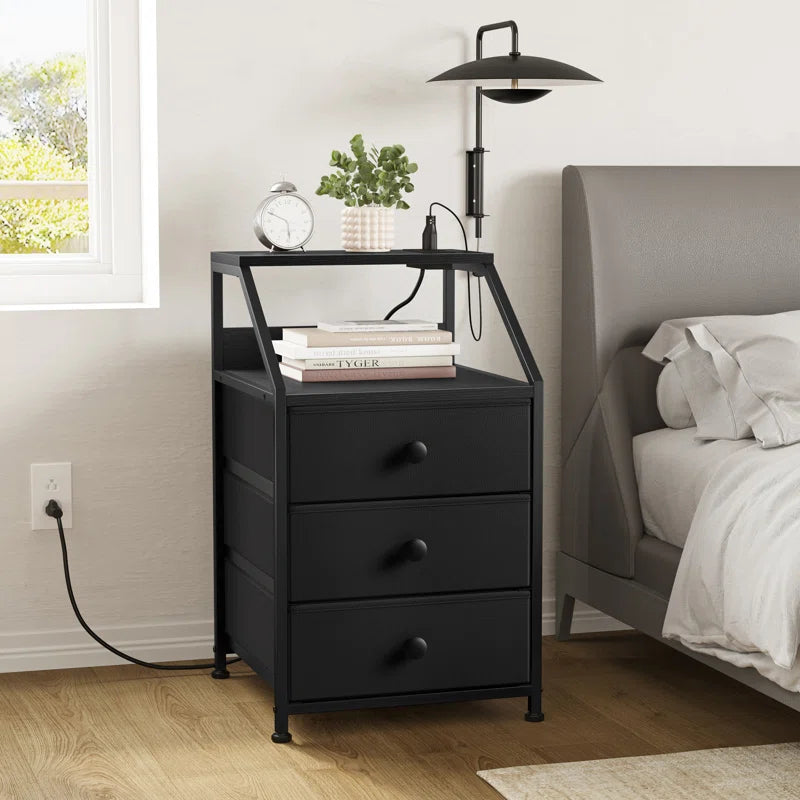 Sereena Nightstand with 3 Drawers & 2 USB Ports, Bedside Table with Outlets, Stable Metal Frame
