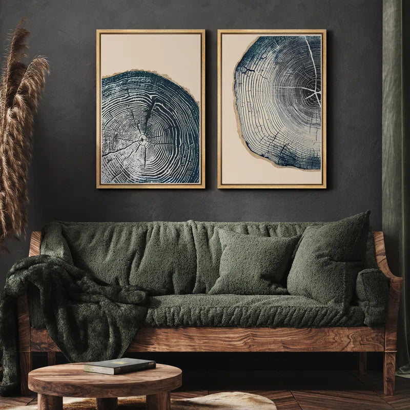Navy Blue Wood Tree Ring Simple Minimalist Modern Artwork Framed Canvas 2 Pieces Print Wall Art