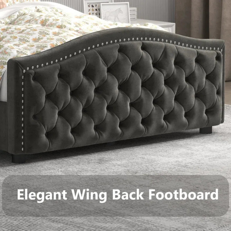 Kassaia Velvet Upholstered Metal Nail Trim Platform Bed with Tufted Headboard and 4 Drawers