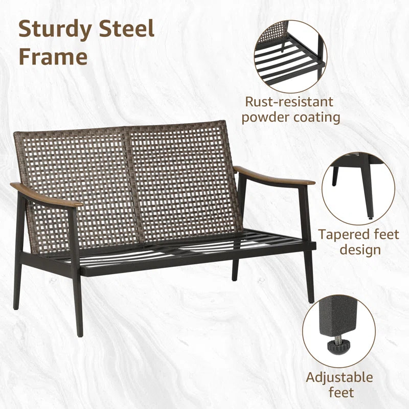 Metal Outdoor&Indoor Person Seating Sofa Patio Loveseat with Wicker Backrest & Cushions