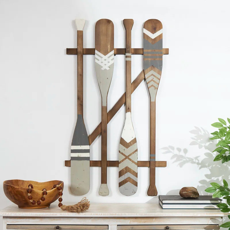 Wood Arrow and Stripe Patterned Paddle Home Wall Decor with Muted Blue Accents