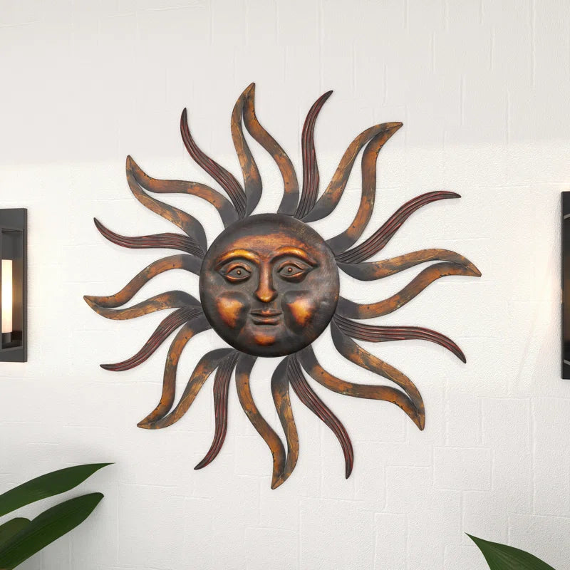Metal Sun Home Wall Decor with Distressed Copper like Finish