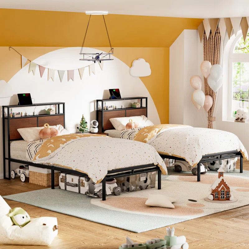 Antioch Bed Frame with LED Light and Charging Station, Metal Frame with Storage Headboard, Large Storage Space, No Spring Box Needed