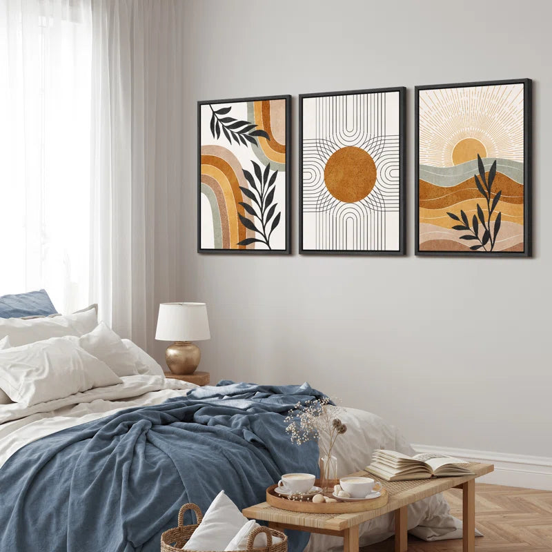 Mid Century Modern Boho Brown Abstract Sun Tropical Plant - Framed 3 Piece Set Canvas Print Picture