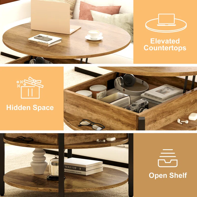 Wynny 27"W round Lift-Top Wood Coffee Table with Storage