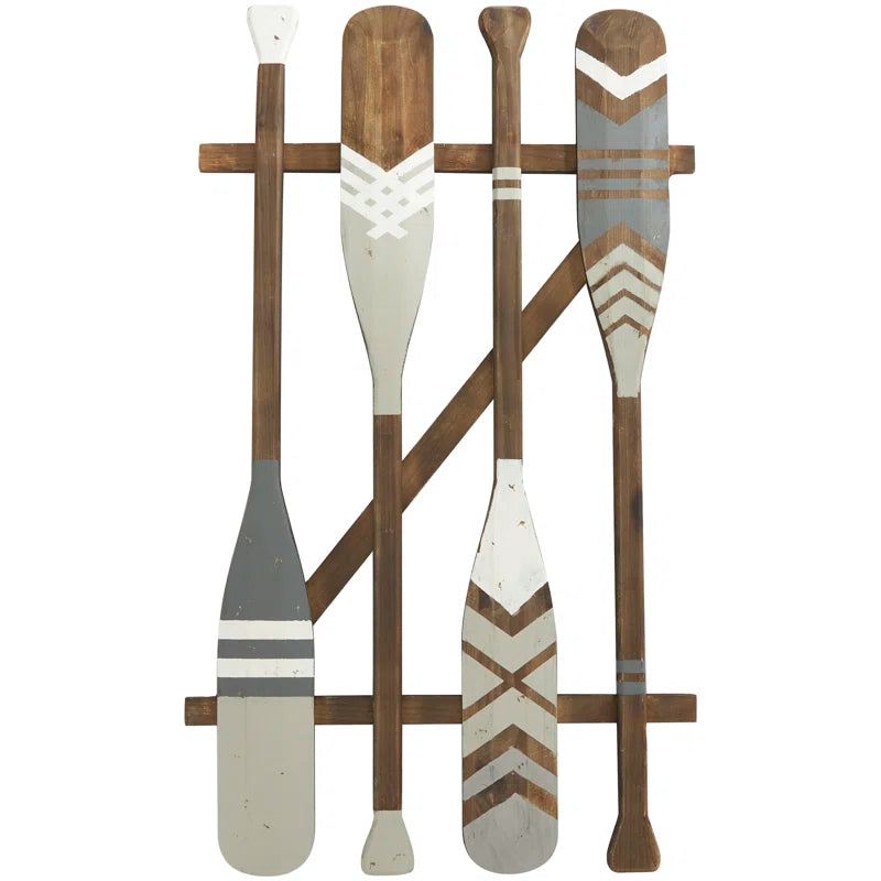 Wood Arrow and Stripe Patterned Paddle Home Wall Decor with Muted Blue Accents