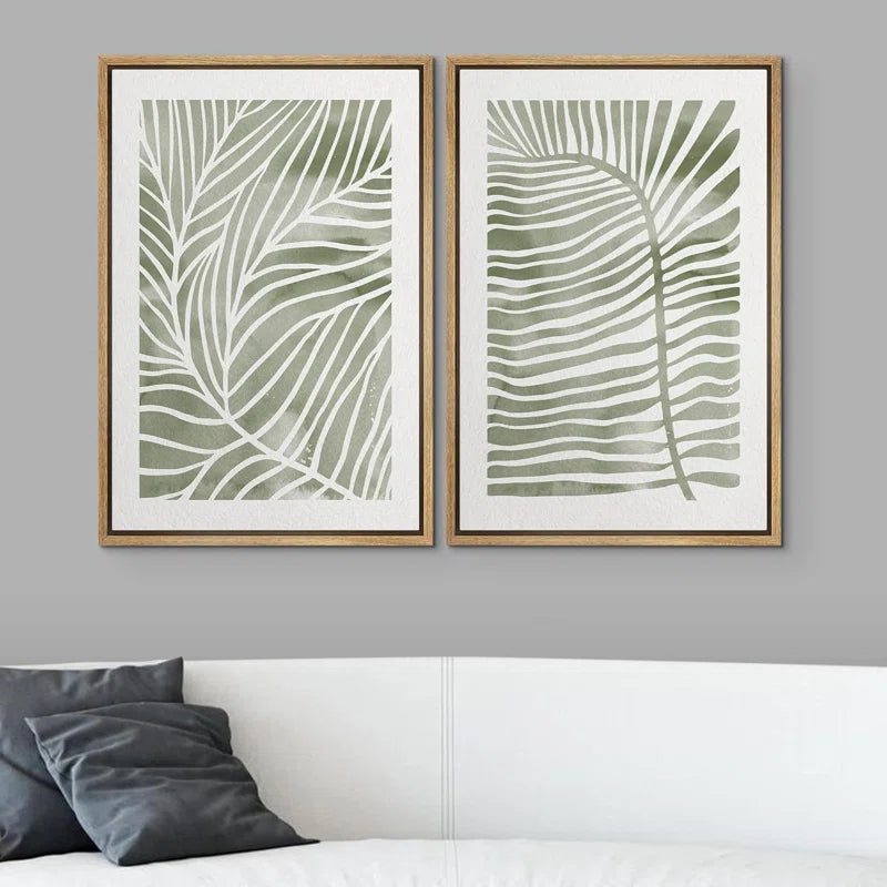 Abstract Botanical Sage Green Tropical Abstract Palm Tree Leaves Modern Art Simple Framed Canvas 2 Piece Print Wall Art