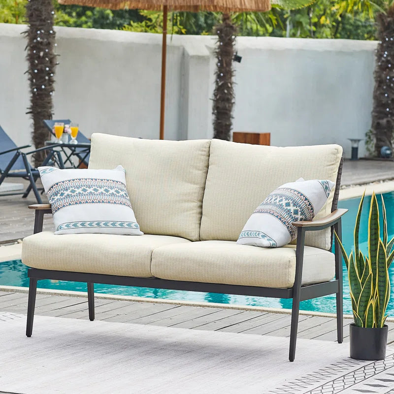 Metal Outdoor&Indoor Person Seating Sofa Patio Loveseat with Wicker Backrest & Cushions