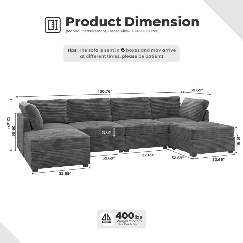 Corduroy Section Sofa Combination, 4 Seats, with Ottoman, Can Be Combined at Will