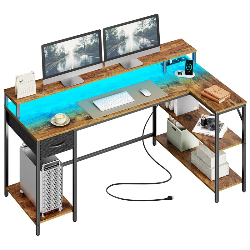 Coolbrook Gaming Desk with LED Lights, L-Shaped Desk with Power Outlets, Computer Desk with Storage, Writing Desk with Monitor Stand, Home Office Desk, L Desk