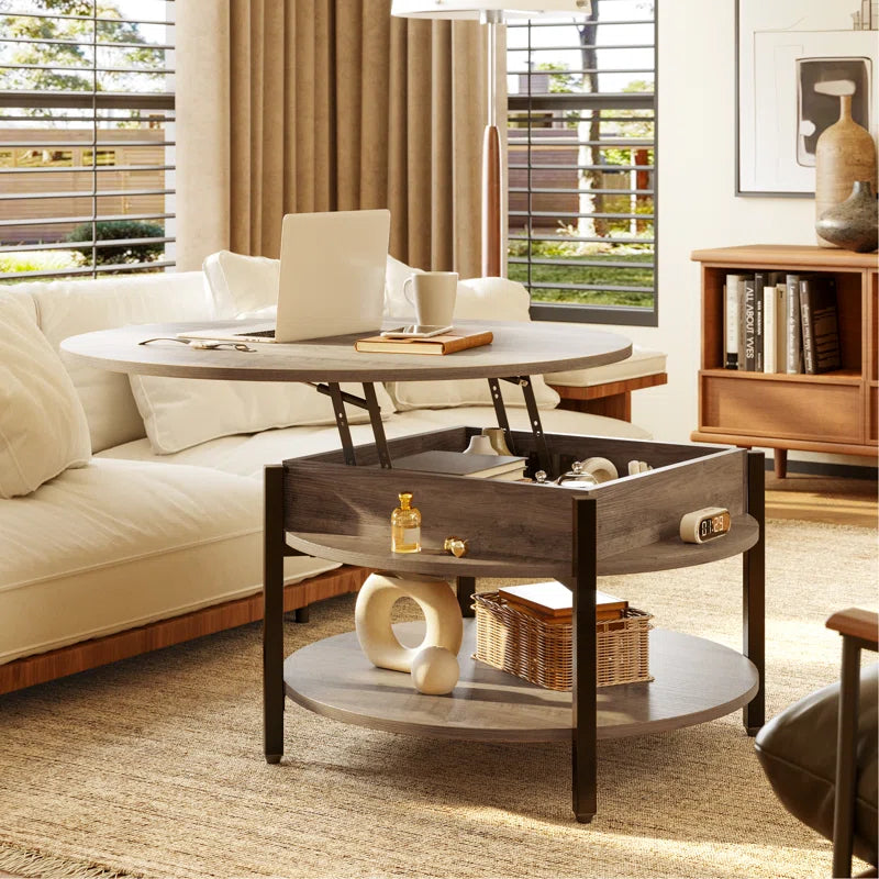 Wynny 27"W round Lift-Top Wood Coffee Table with Storage