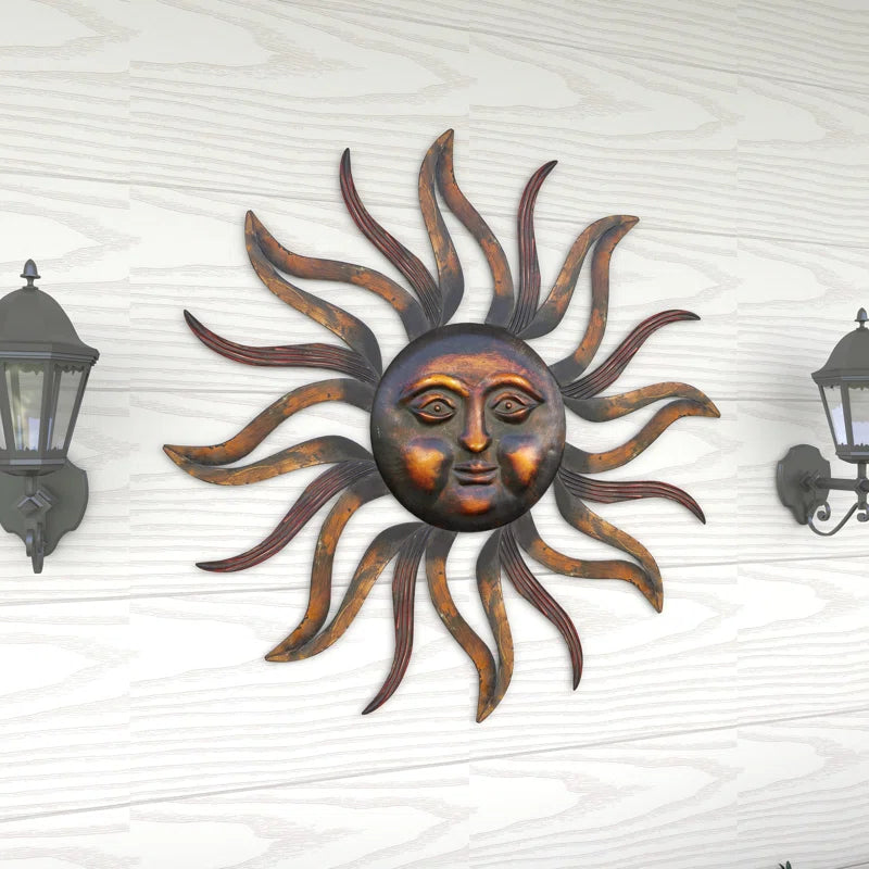 Metal Sun Home Wall Decor with Distressed Copper like Finish