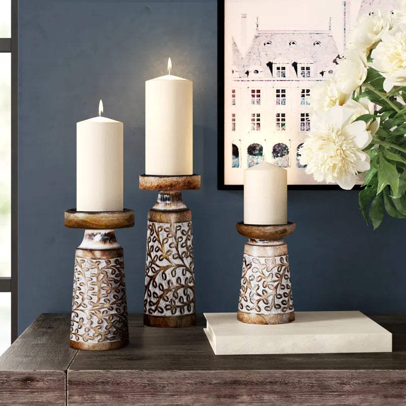 Mango Wood Handmade Minimalistic Bell Shaped Pillar Decorative Brown Candle Holder Set
