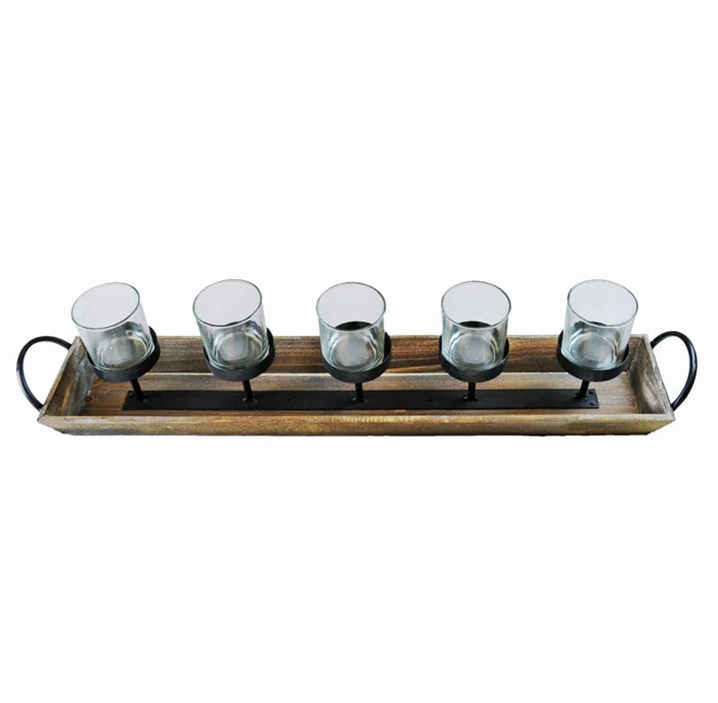 5-Pillar Candelabra Centerpiece with Glass Cups and Rustic Wood Tray