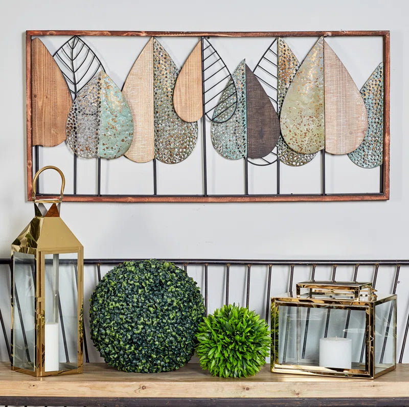 Wood Cutout Leaf Home Wall Decor with Green and Black Metal Wire Accents