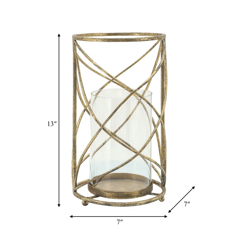 Metal and Glass Pillar Candle Holder with Openwork Geometric Frame - Decorative Accent for Modern and Glam Spaces