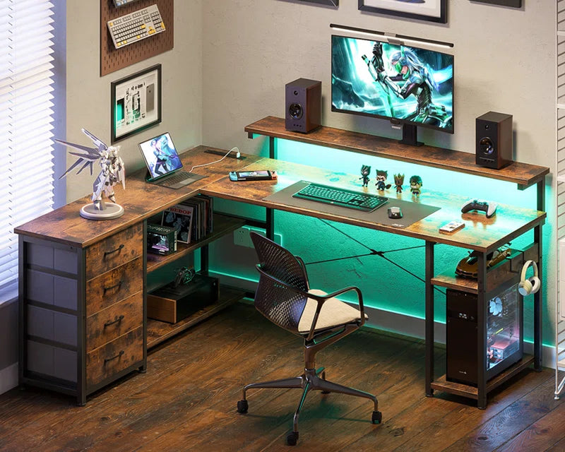 Lymon L-Shaped Metal Base Computer Desk with Power Outlet