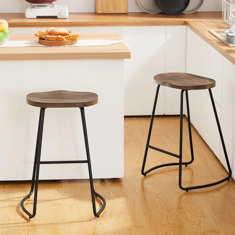 Alazia Solid Wood Backless 26/30" Saddle Seat with Footrest Bar Height Stool Set