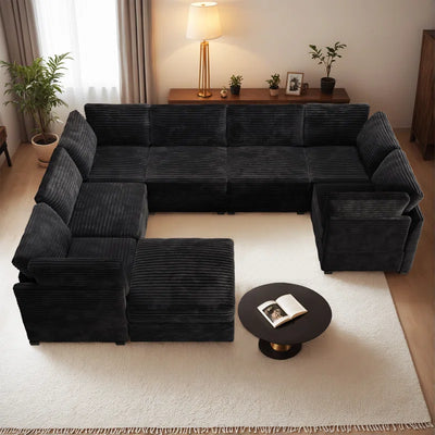 Modular U-Shaped Sectional Plush Corduroy Sofa with Movable Ottoman