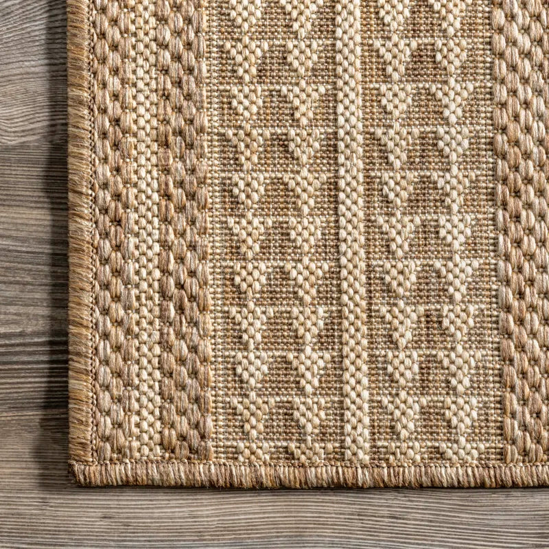 Geometric Indoor/Outdoor Rug for Living Room Patio Deck Front Porch Entryway Hallway Kitchen, Light Brown/Ivory