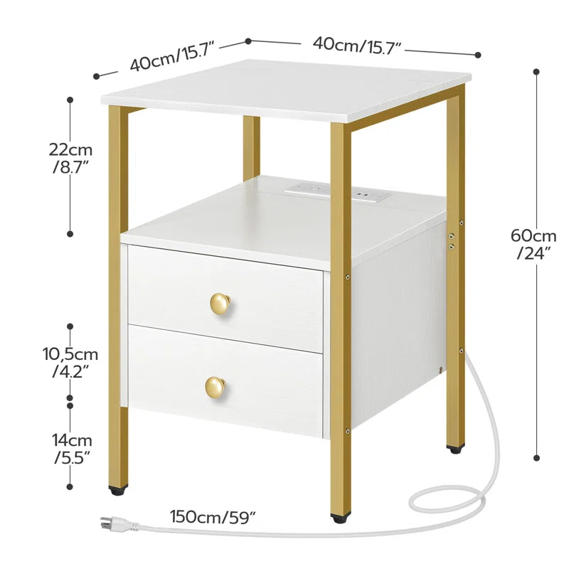 Pake 2 - Drawer 23.6" Tall Iron Nightstand with Storage and Built-In Outlets