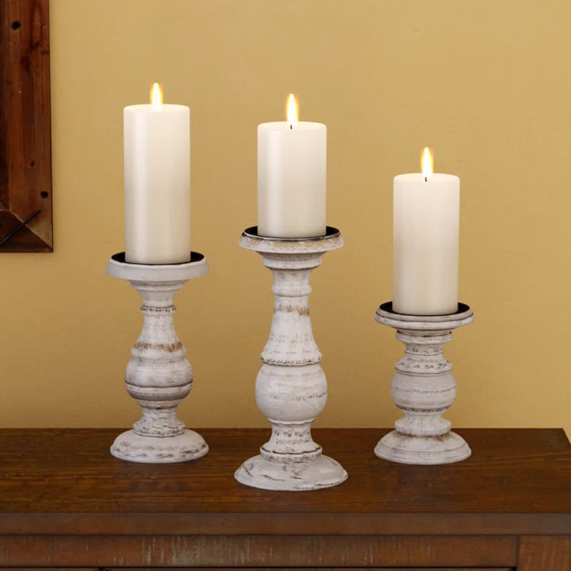 3 Piece Wood Tabletop Candlestick Set