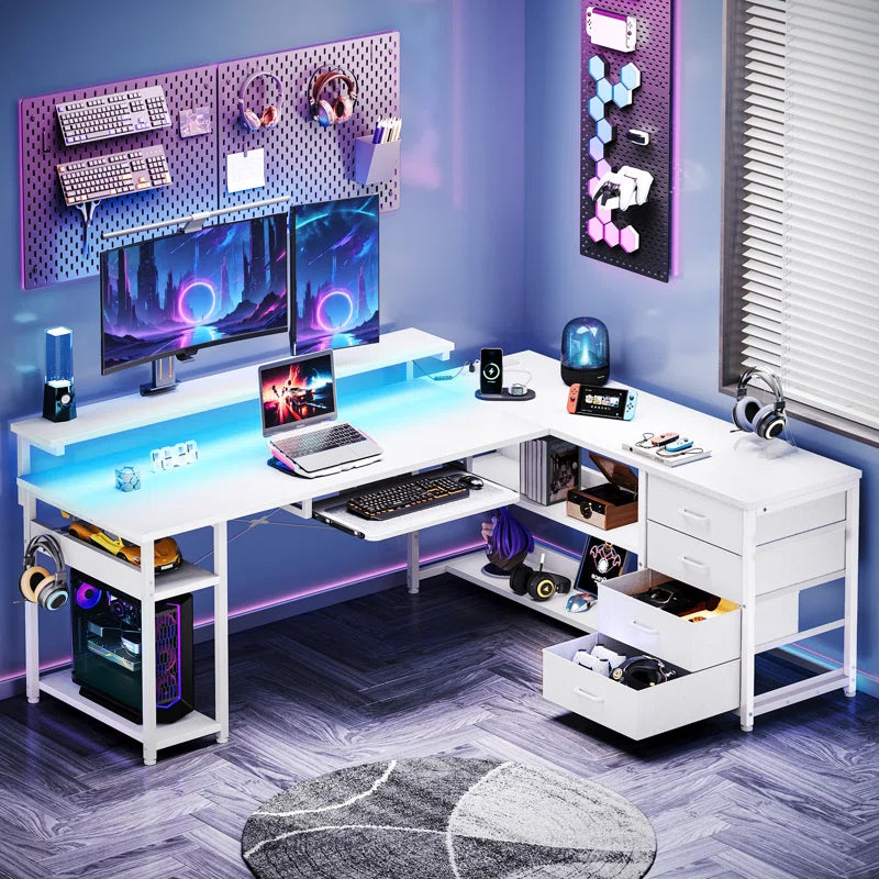 Lymon L-Shaped Metal Base Computer Desk with Power Outlet