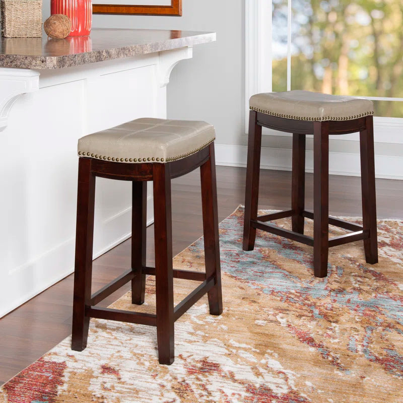 Arlyce 26.5" Solid Wood Backless Counter Stool with Vegan Leather Upholstered Seat