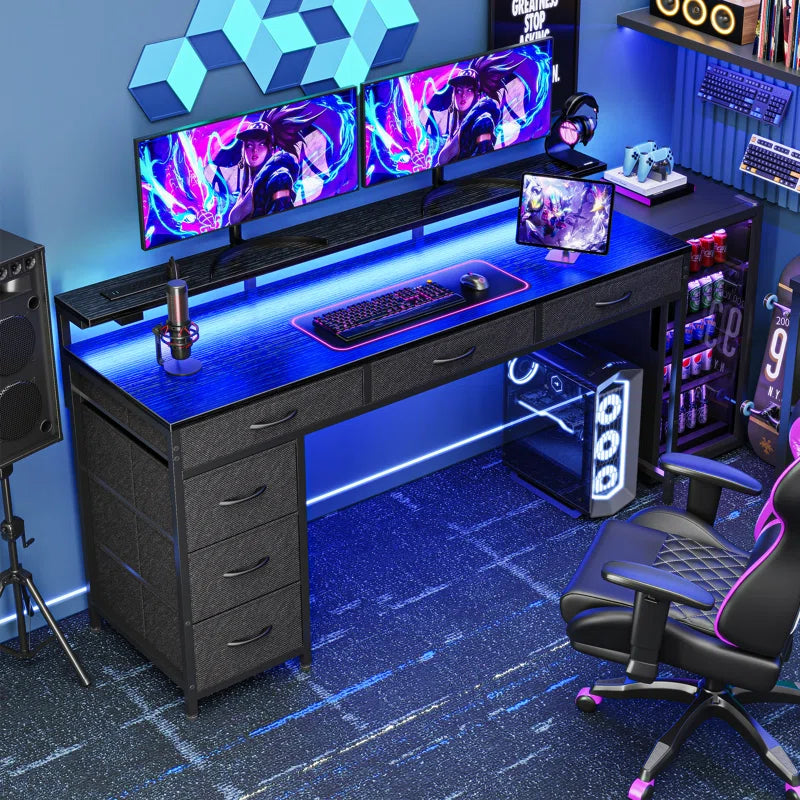 Keldric Rectangle Desk, Computer Desk with Drawers, Gaming Desk with LED Lights, Small Desk with Power Outlets, Writing Desk with Storage, Home Office Desk with Monitor Stand for Study