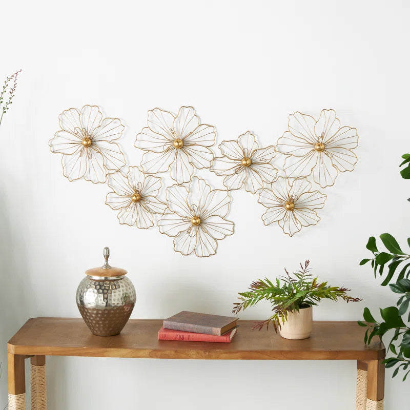 Metal Wire Foiled Floral Home Wall Decor with Scroll Accents