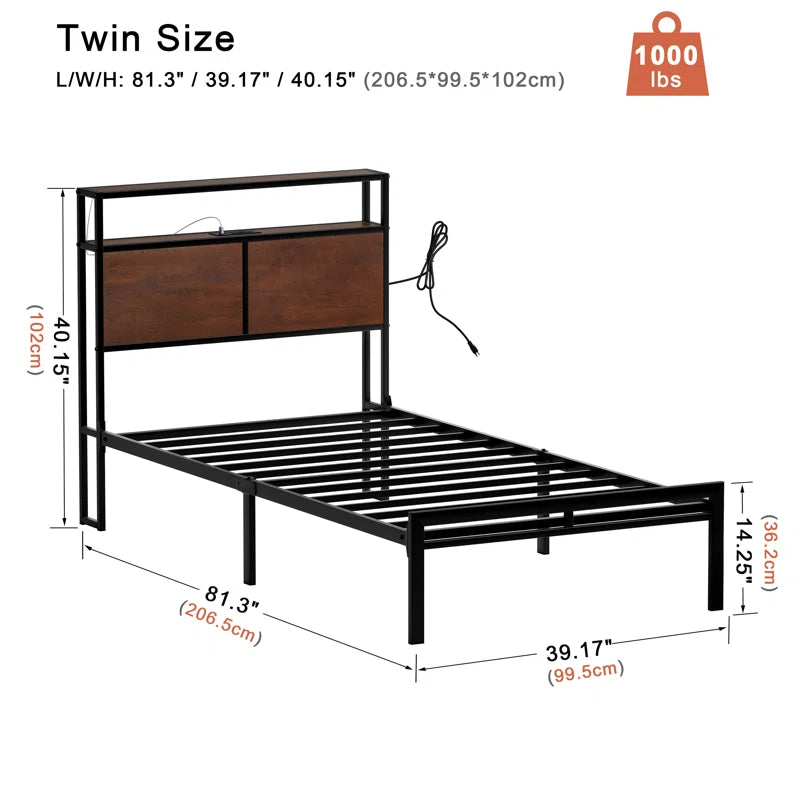 Antioch Bed Frame with LED Light and Charging Station, Metal Frame with Storage Headboard, Large Storage Space, No Spring Box Needed