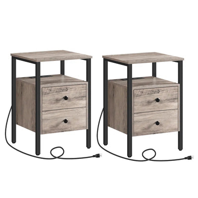 24'' Tall 2 - Drawer Iron Nightstand with Storage and Built-In Outlets