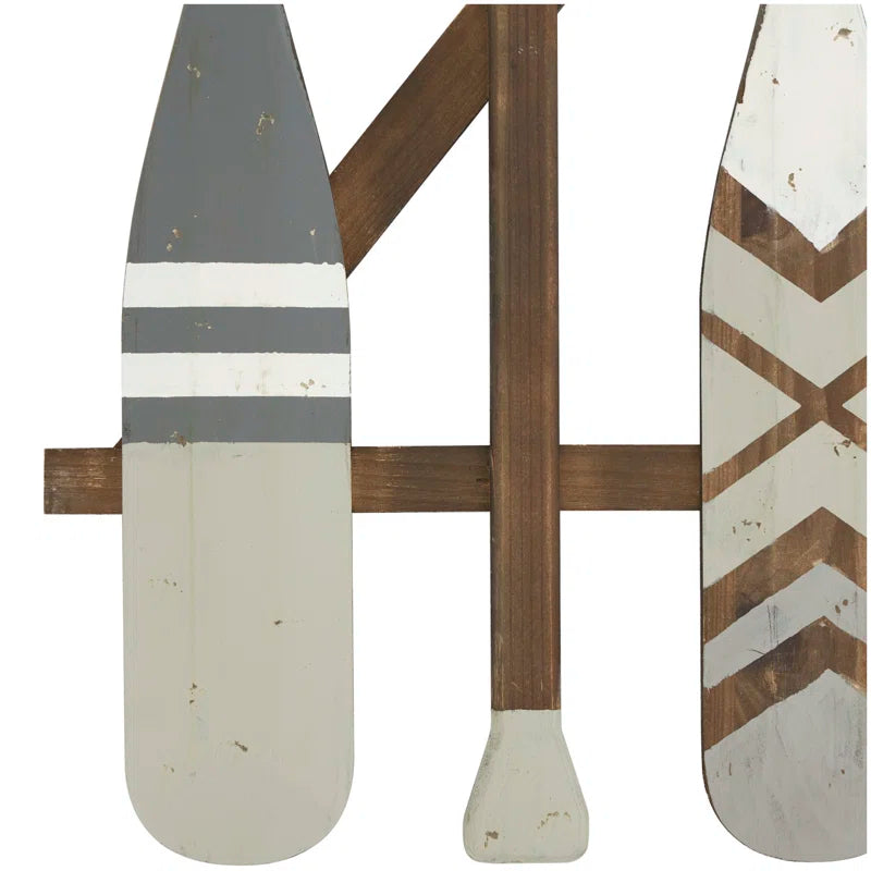 Wood Arrow and Stripe Patterned Paddle Home Wall Decor with Muted Blue Accents