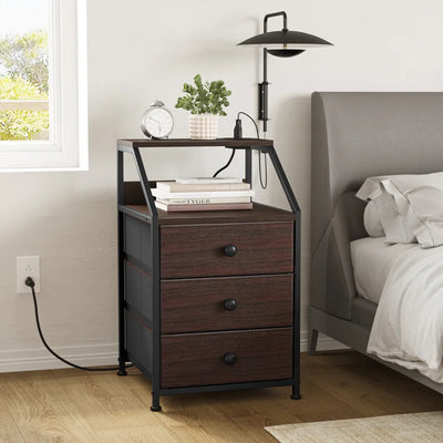 Sereena Nightstand with 3 Drawers & 2 USB Ports, Bedside Table with Outlets, Stable Metal Frame