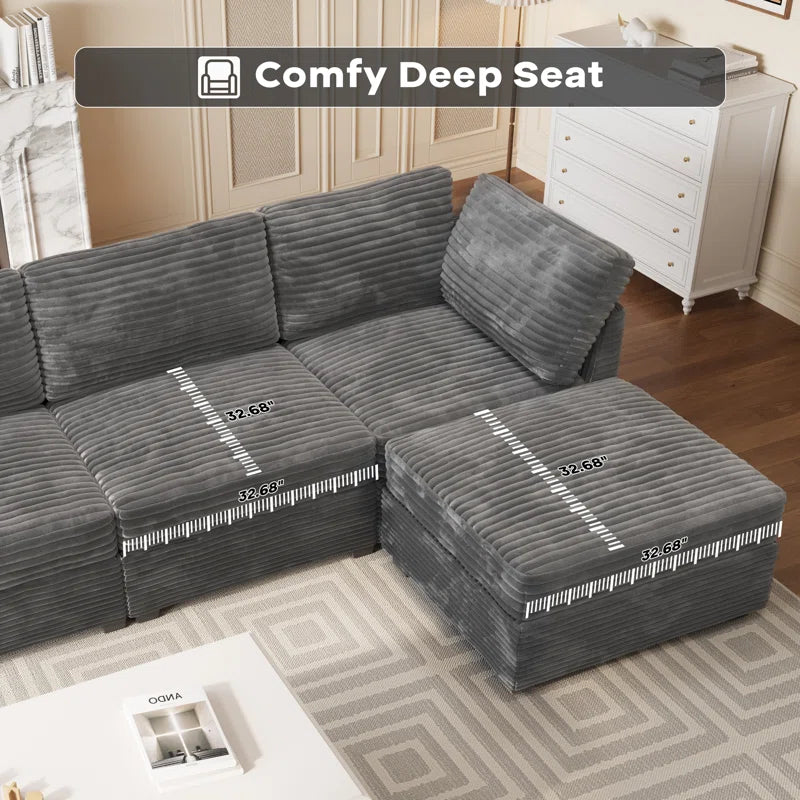 Corduroy Section Sofa Combination, 4 Seats, with Ottoman, Can Be Combined at Will